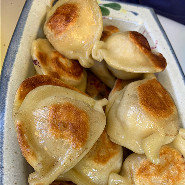 A dish of perogies from Mammas Perogies